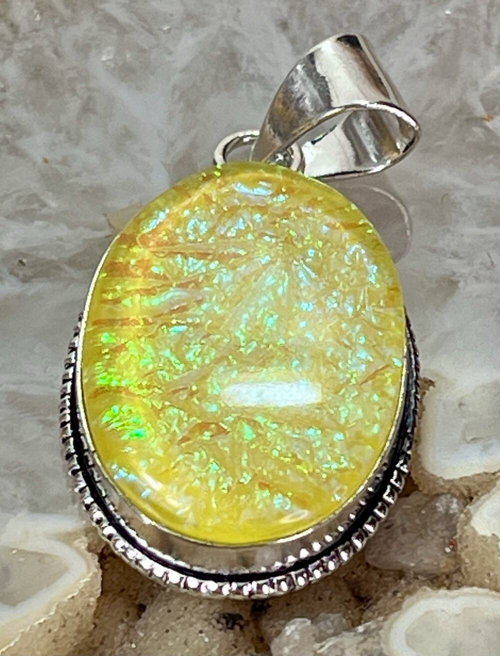 Southwestern Sterling Silver Plated Yellow Aurora OPAL Oval Pendant 1.75”